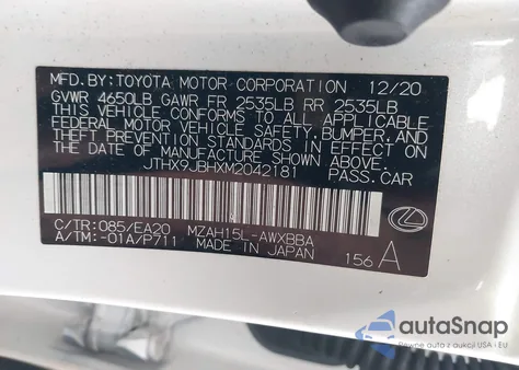 2021 Lexus Ux 250H z USA, uszkodzony, nr VIN JTHX9JBHXM2042181